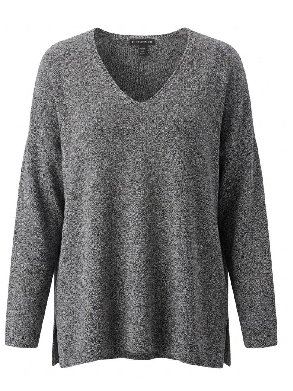 Eileen Fisher Heathered Charcoal V-Neck Sweater Organic Linen Cotton XL